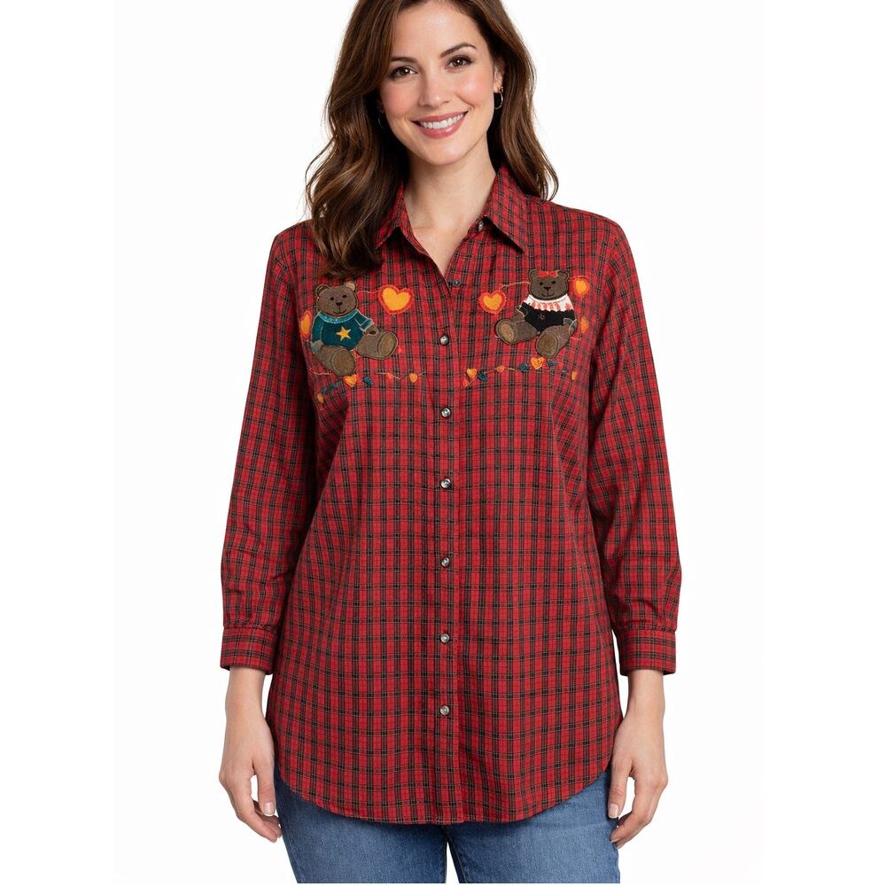 Vintage Karen Scott Red Plaid Teddy Bear Blouse Size Medium Cottage Core Grandma